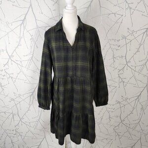 Beachlunchlounge Green Plaid Cotton Blend Tiered Flannel Dress